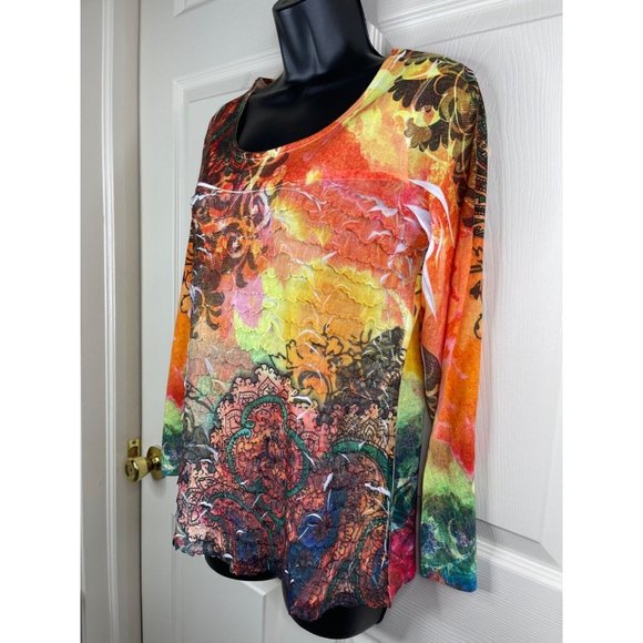 NY Collection Top Womens Size Large L Long Sleeve Orange Colorful Ruffle Stretch - Picture 5 of 8